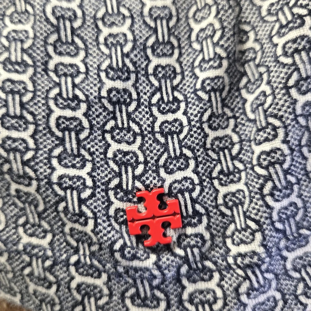 Tory Burch Knit Top Small Navy White Link Print T-shirt Red Metal Logo Womens